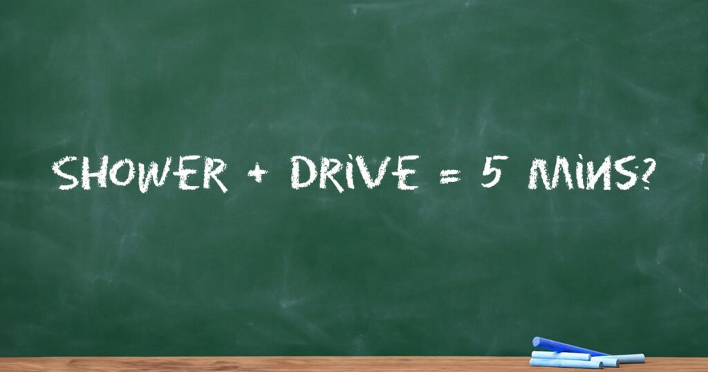 A chalkboard with incorrect time calculations showing 15 minutes equals 1 hour.