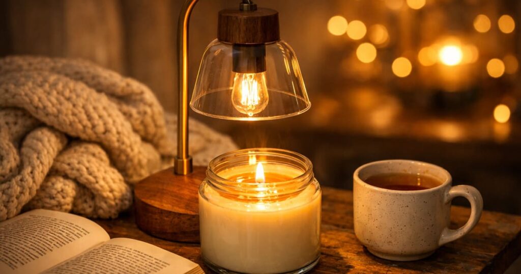 The best candle warmer lamp with a wooden base and glass shade, casting a warm glow and melting a white jar candle on a cozy nightstand.