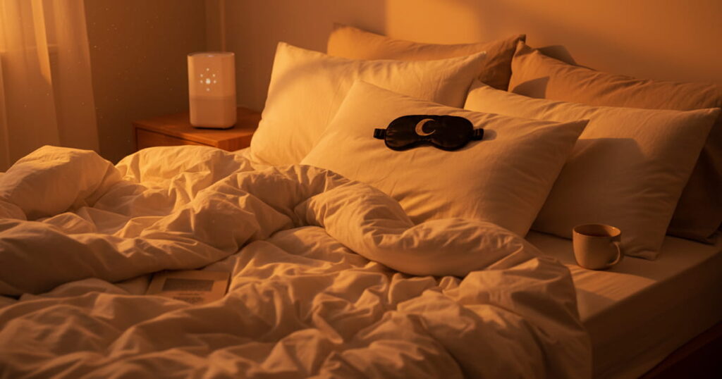 Cozy bedroom setup with weighted blanket and sleep mask. Text overlay: 5 Hacks for Better Sleep.