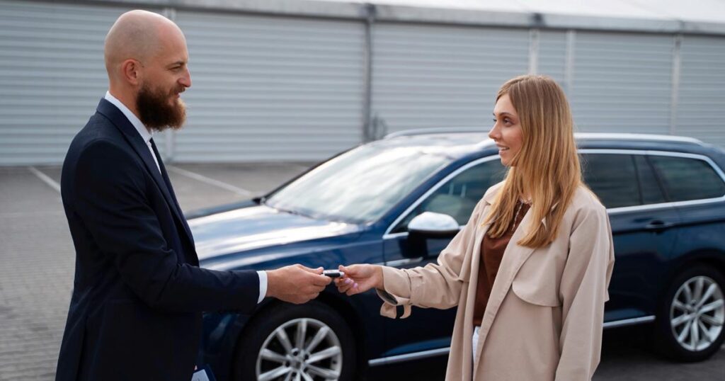 A hand placing a Sold sign on the dashboard of a car.