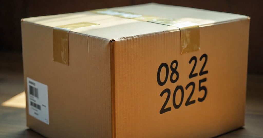 A taped cardboard box with a date written on the side in marker.