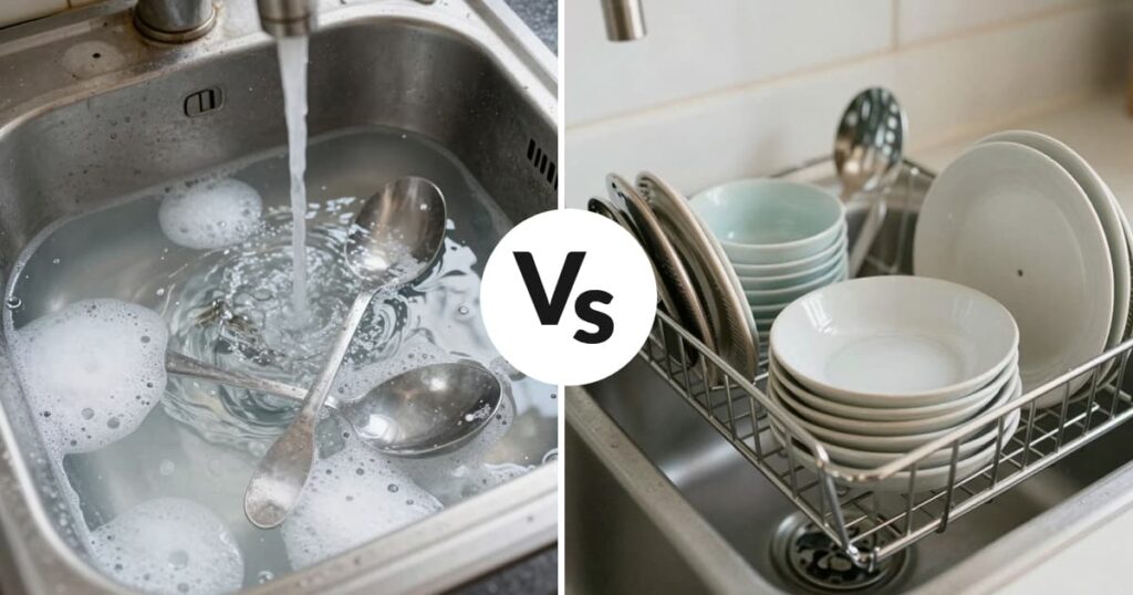 A split screen showing a stressful dirty sink versus a sparkling clean sink ready for the morning.
