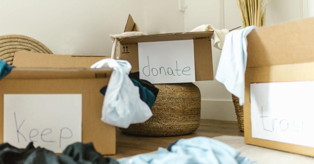A person placing folded clothes into a cardboard box or bag for donation.