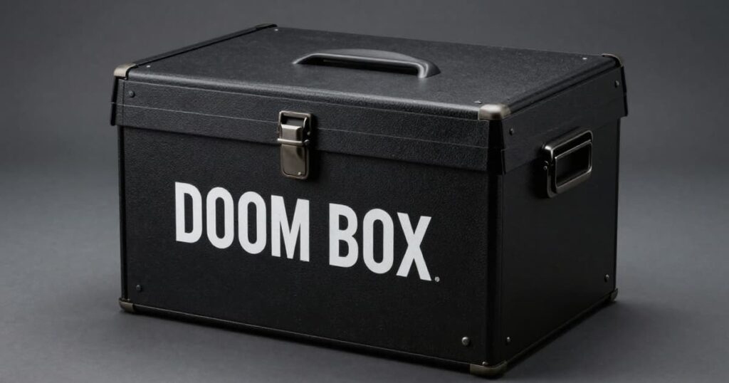 A large cardboard box labeled "DOOM BOX" where random clutter is stored temporarily.