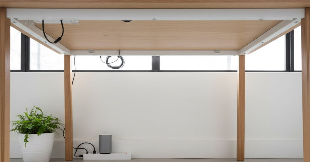 Clean desk setup with no visible wires using cable management box. Text overlay: How to Hide Ugly Wires.