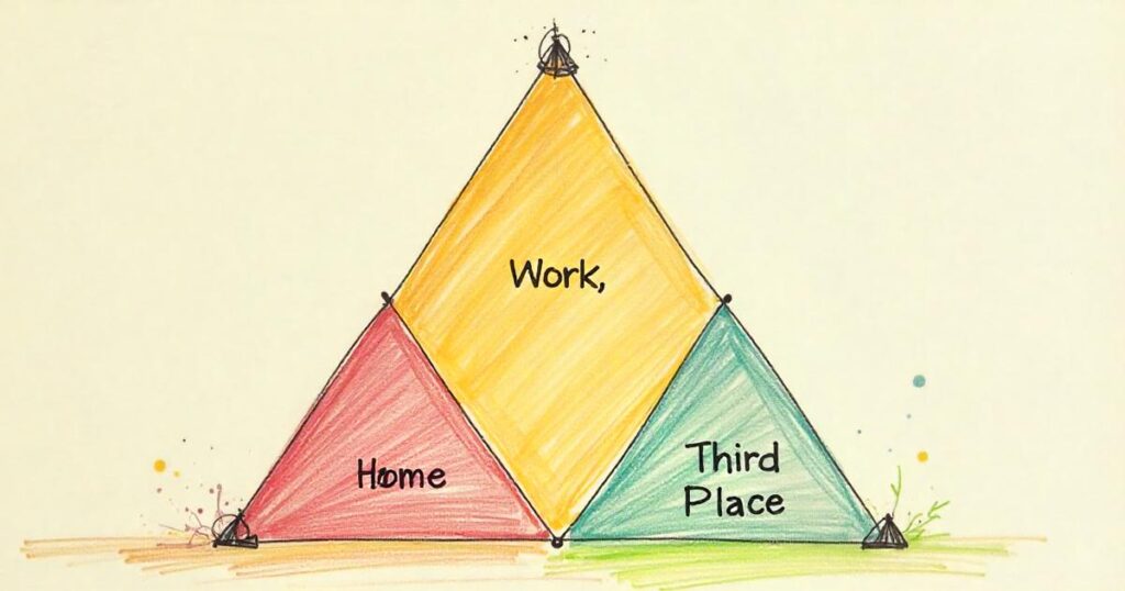 A triangle diagram showing "Home," "Work," and "Third Place" at the three corners, creating a balanced life.
