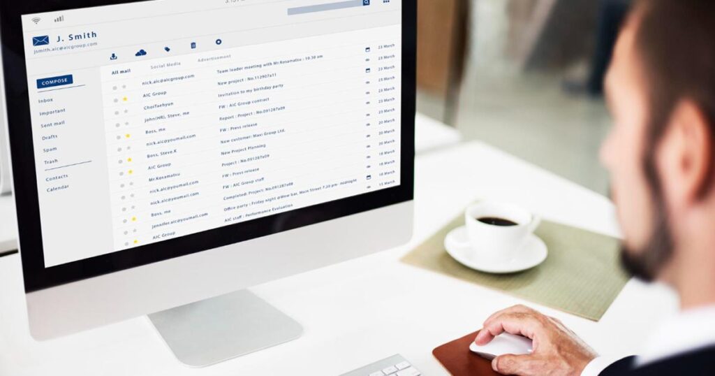 A laptop screen showing an empty, clean email inbox with zero unread messages.