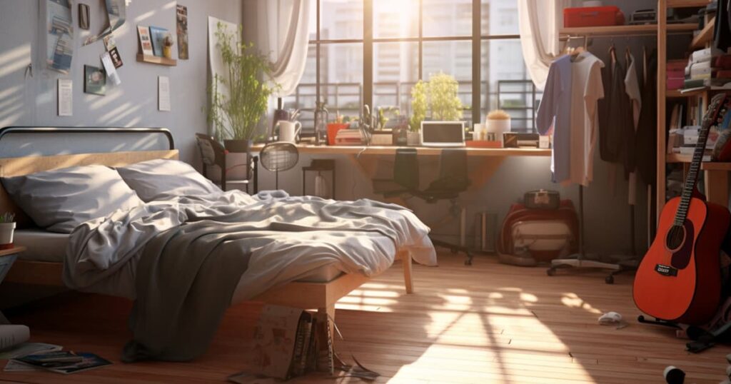 An unmade bed in a sunny room, representing letting go of perfectionism.