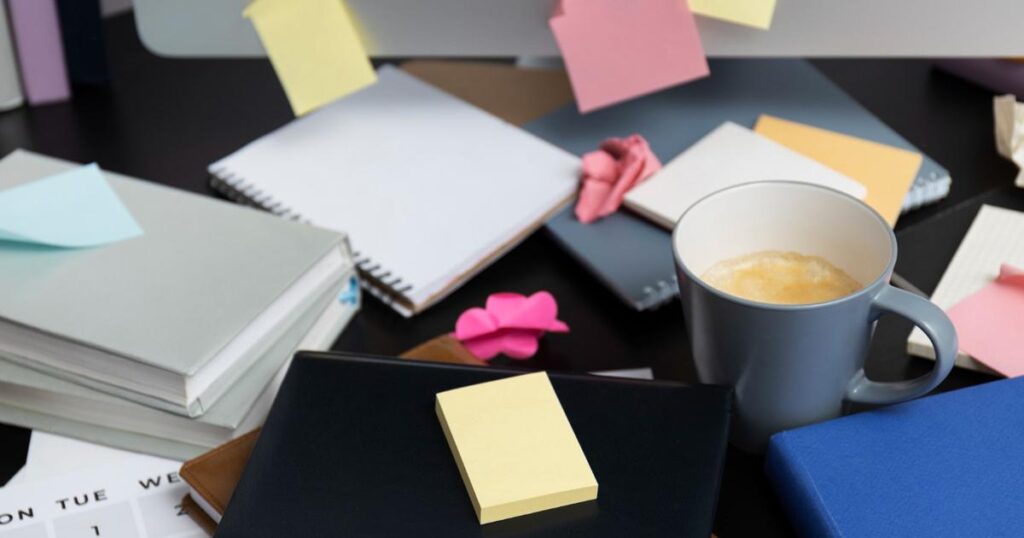A chaotic desk covered in piles of random papers, representing mental clutter.