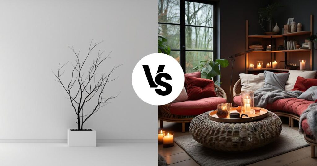 A stark white, empty minimalist room versus a cozy, lived-in living room.