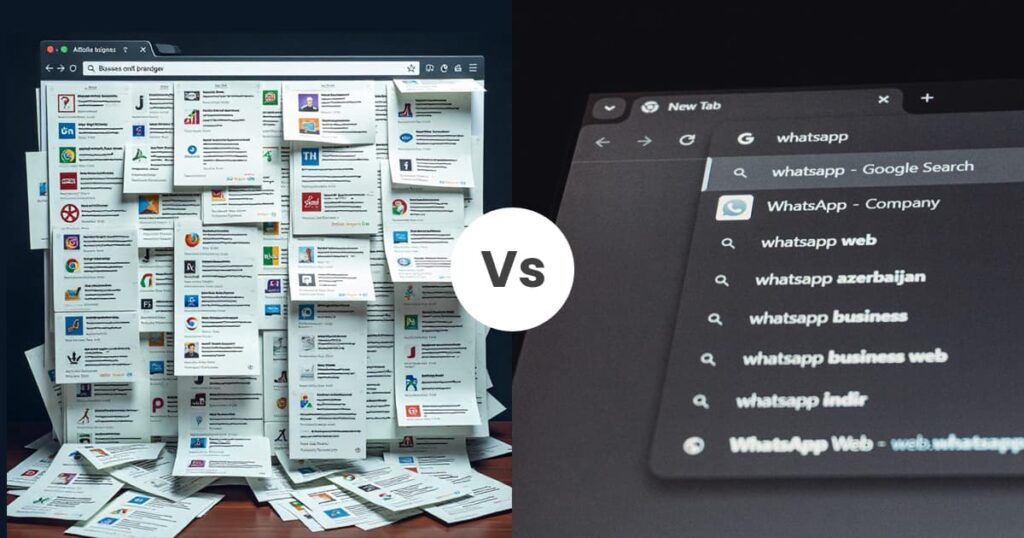 A comparison of a messy browser with many tabs versus a clean browser with the One Tab Rule.