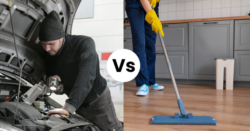 A split screen showing a mechanic fixing a car and a cleaner scrubbing a floor, comparing services.