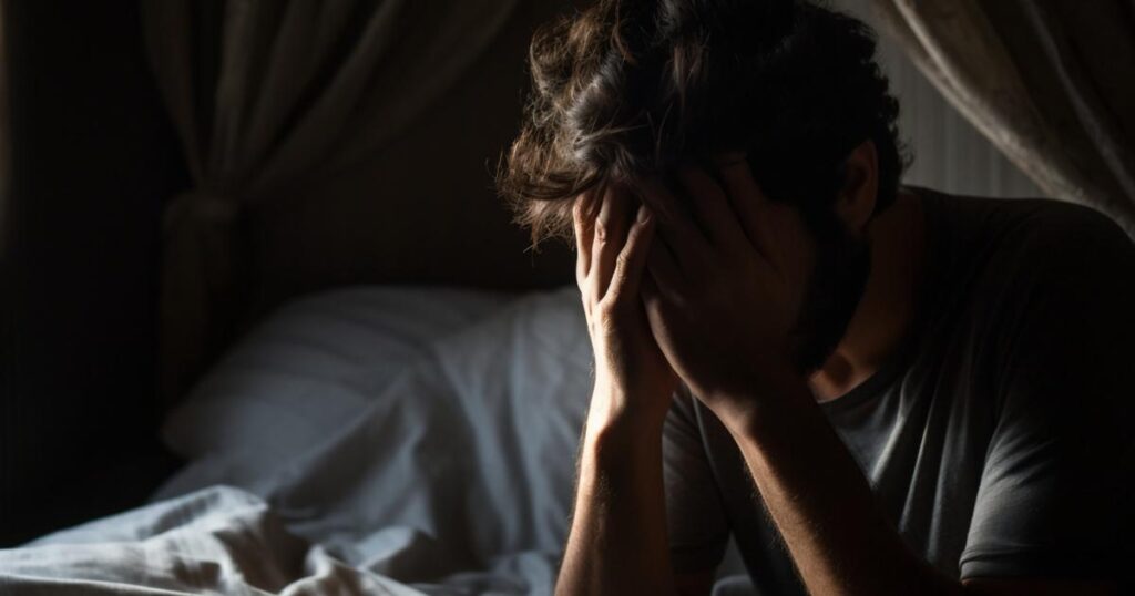 person awake at night overthinking