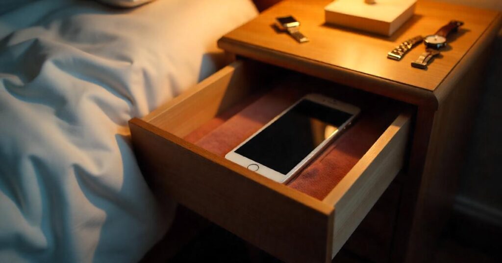 A smartphone placed inside a drawer to prevent distractions.