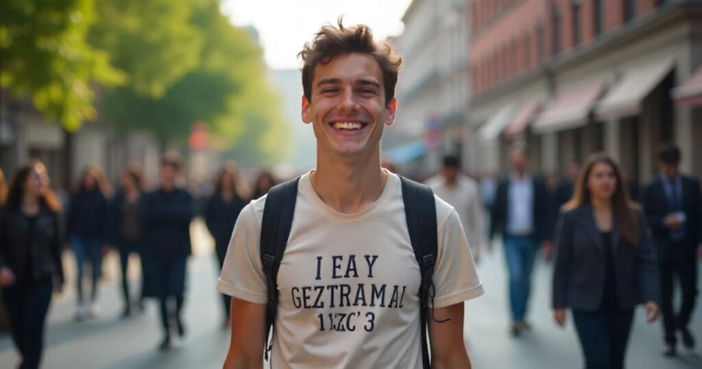 An illustration of a student wearing a funny shirt, thinking everyone is looking, while the crowd ignores him.