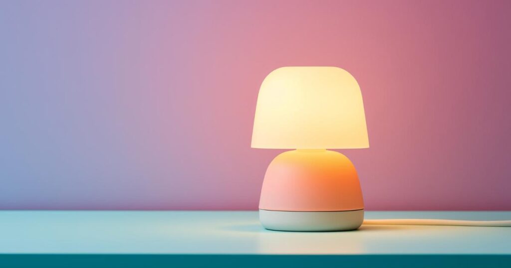 A bright light therapy lamp sitting on a desk next to a coffee cup.