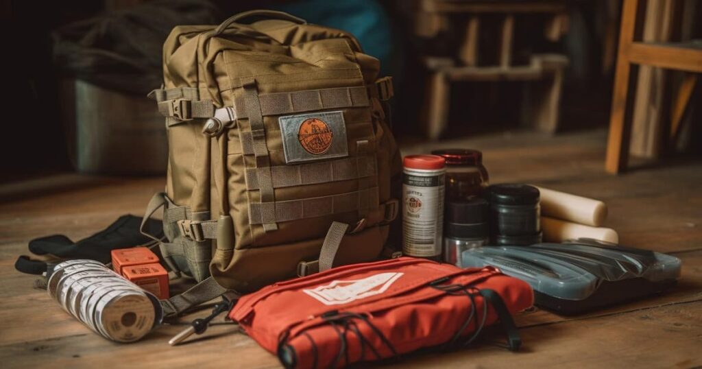 A simple backpack sitting by the front door, representing a basic emergency kit.
