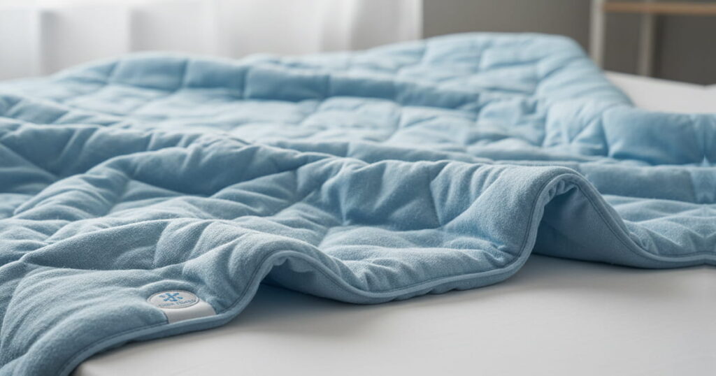 Light blue cooling blanket on a bed with white sheets. Text overlay: 5 Ways to Sleep Cool at Night.