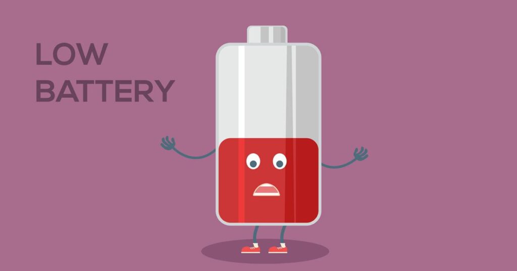 An illustration of a battery icon showing 1% charge, representing a drained social battery.