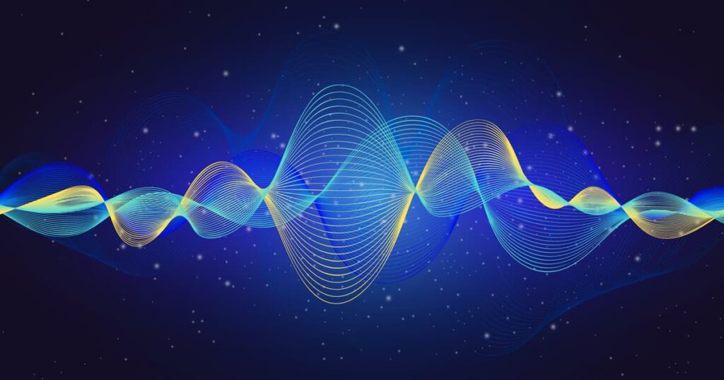 An illustration showing sound waves traveling through the air versus vibrations through the skull.