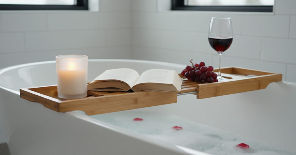 Bamboo bathtub tray with book and candle. Text overlay: 5 Ways to Make Your Bathroom Feel Like a Spa.