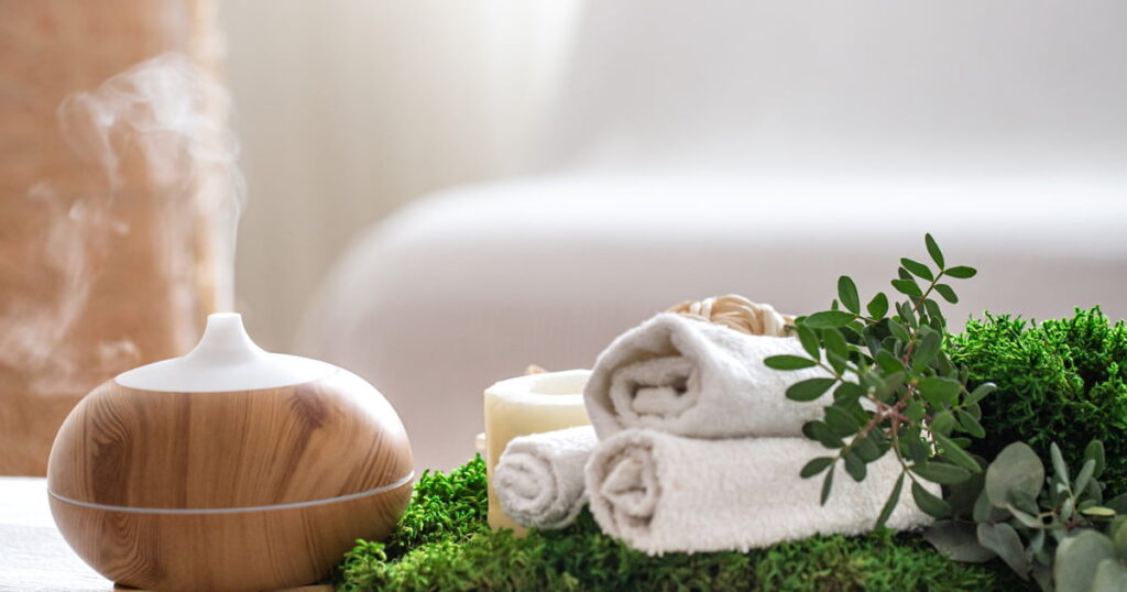 Bedroom setup with stress relief hacks including acupressure mat and eye massager