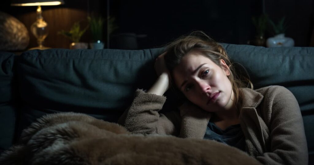 A person looking anxious and sad while sitting on a couch as the sun sets outside the window.