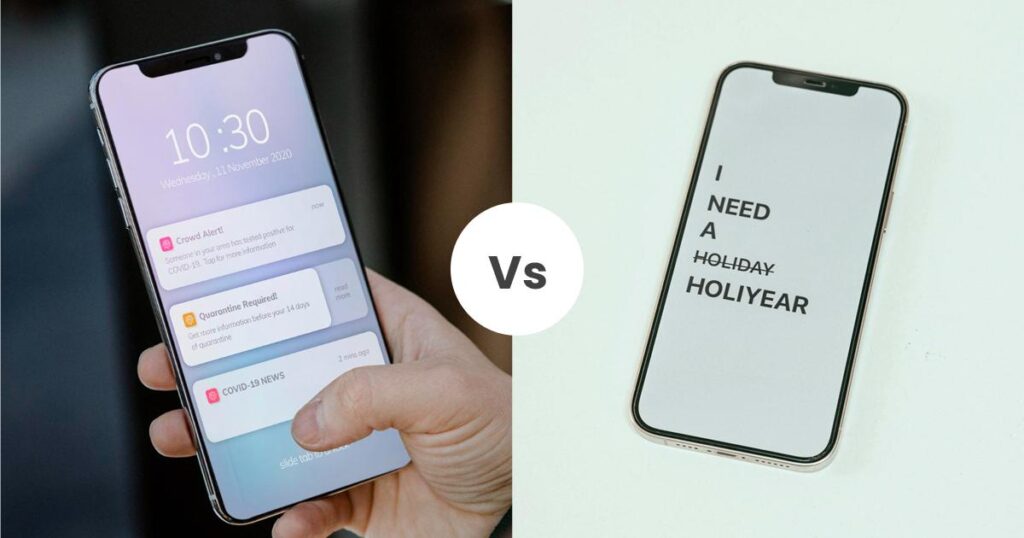 A comparison of a stressed phone screen versus a calm interaction.