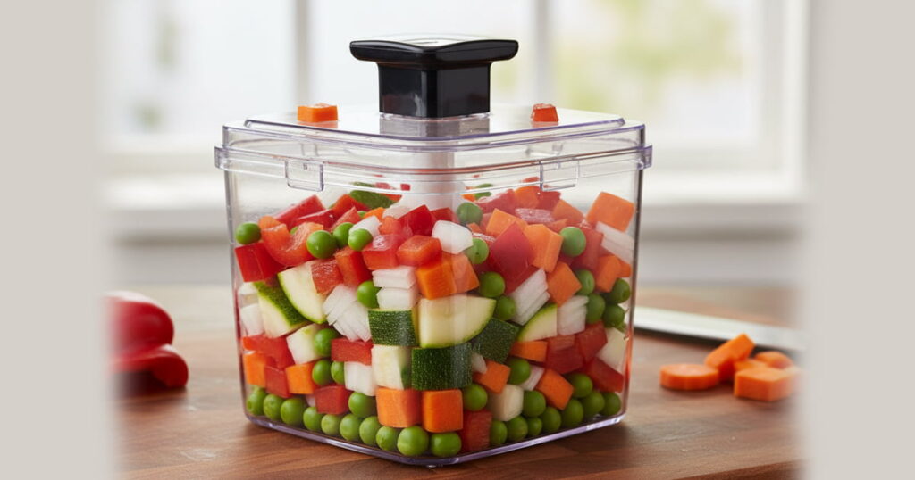 Vegetable chopper container filled with diced onions on a clean kitchen counter. Text overlay: 5 Time Saving Kitchen Gadgets.