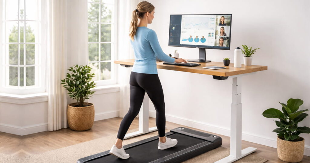 Woman working at standing desk with an under desk treadmill