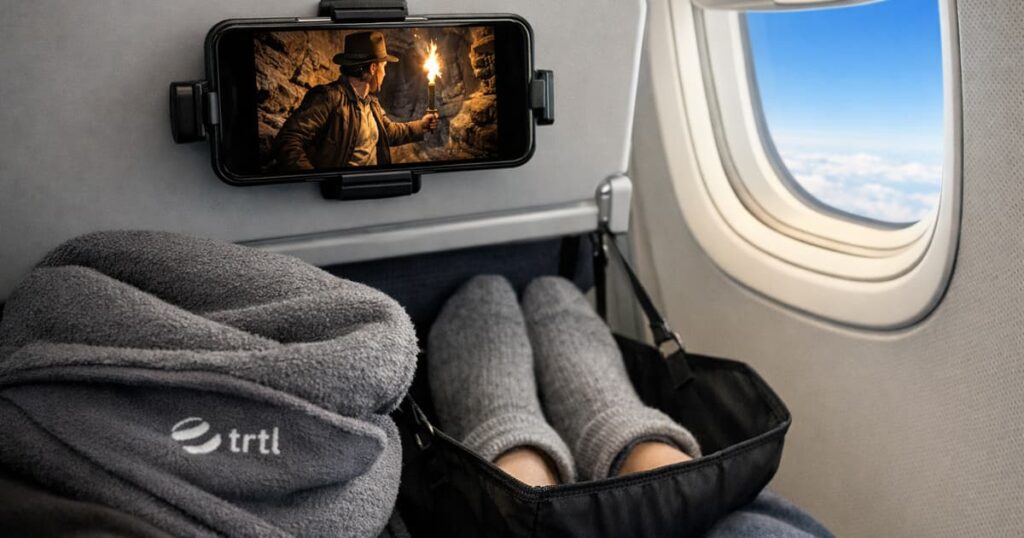 Airplane seat setup with long haul flight essentials including phone mount and travel pillow