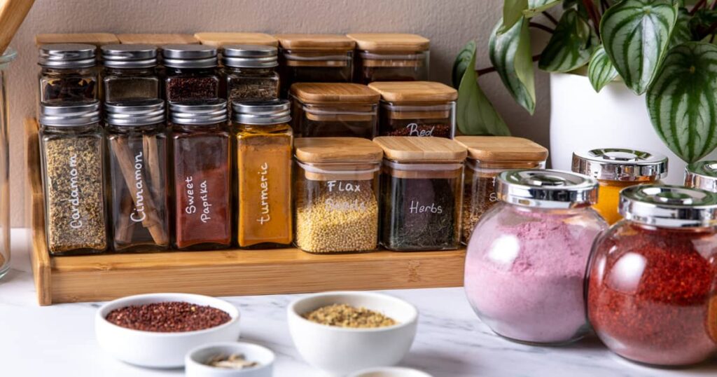 Aesthetic spice drawer organization with bamboo riser and matching square jars