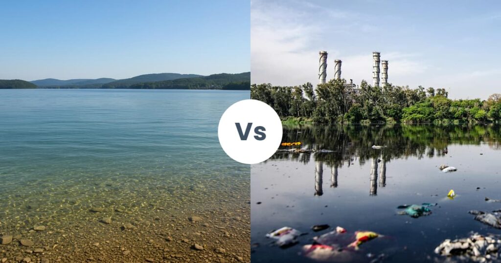 A comparison of clean water versus industrial pollution showing the cost of extraction.