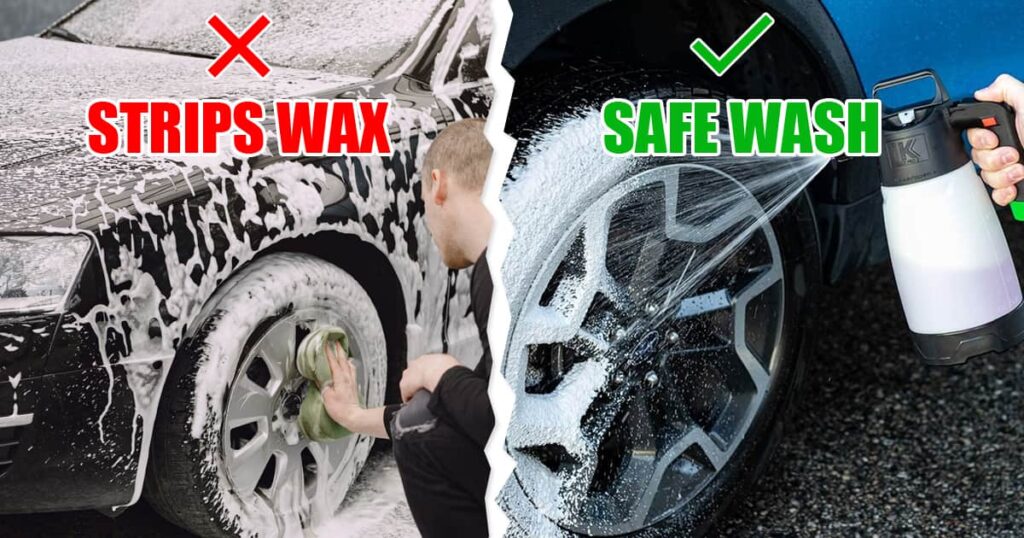 Comparison of harsh pink foam from a self-service car wash brush versus safe pH-neutral car shampoo applied with an IK Foam Pro 2 pump sprayer to prevent scratches.