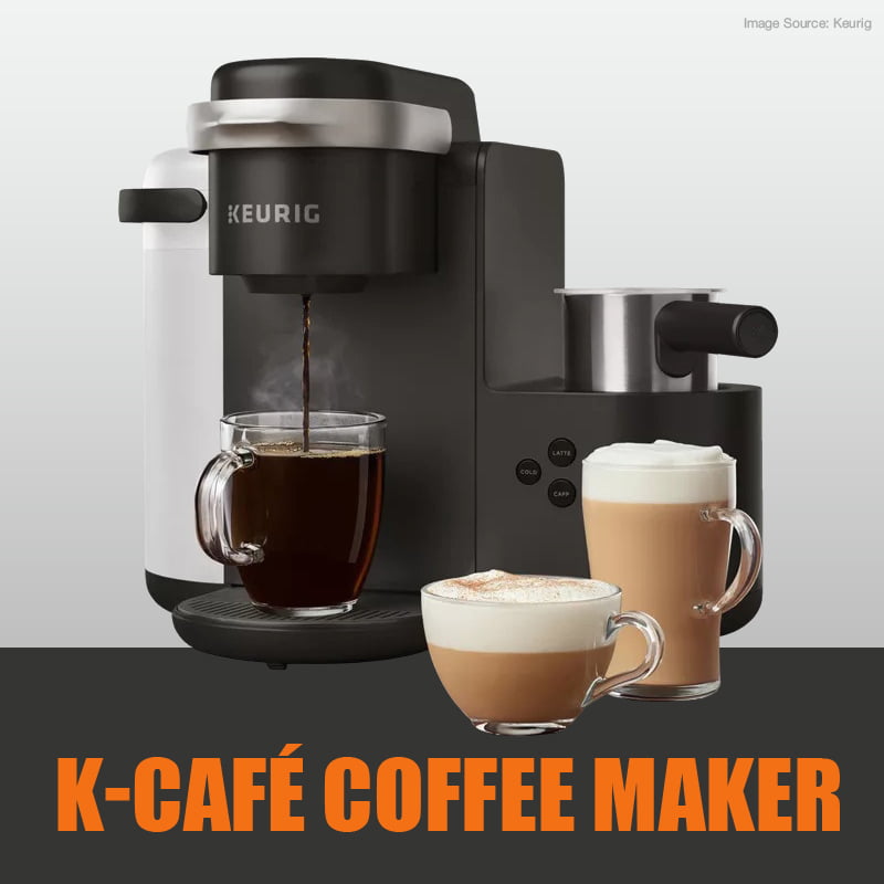 Keurig K-Cafe coffee maker with built-in milk frother for lattes and cappuccinos.