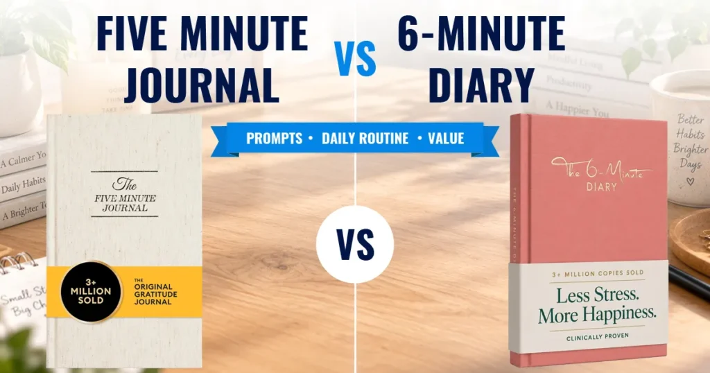 Five Minute Journal vs 6-Minute Diary comparison on a light wooden desk